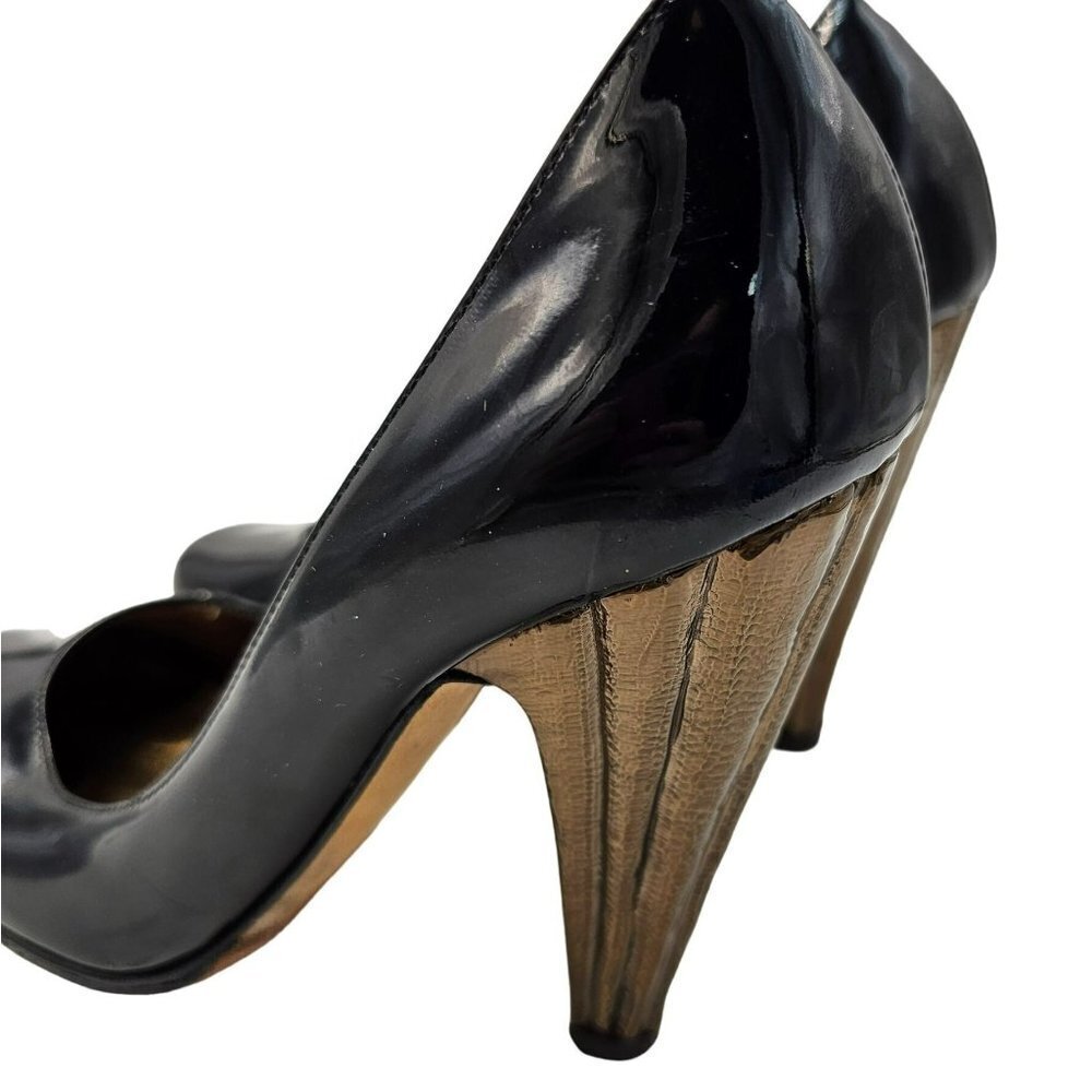 Guiseppe Zanotti Black Heels 7 Patent Leather Luxury Designer Gold Cone Heel 37 - Picture 7 of 16